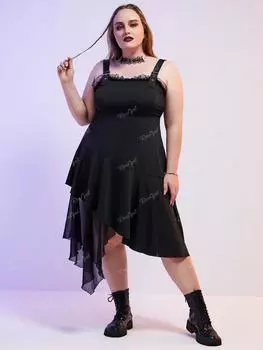 Платье миди без рукавов Rosegal с готической пряжкой и кружевной отделкой, асимметричной оборкой S чёрный