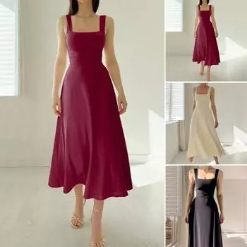 Платье миди больших размеров с квадратным вырезом, без рукавов, трапециевидной формы, со струящимся подолом, с открытой спиной, однотонный, с высокой талией, для свиданий L абрикосовый