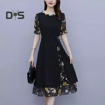 Платье миди больших размеров, стильное женское летнее платье миди с цветочным принтом и поясом 2XL чёрный