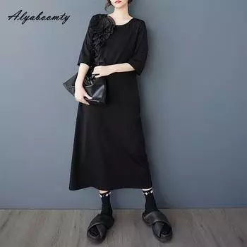 Платье миди большого размера на весну и лето, черное, короткое, с круглым вырезом, повседневное, свободное, с цветочным принтом, с коротким рукавом и разрезом, женственное платье One Size чёрный