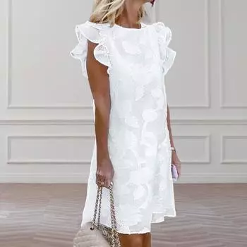 Платье миди длиной до колена с круглым вырезом и жаккардовым платьем с короткими рукавами и рюшами XL чёрный