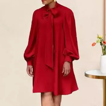 Платье миди длиной до колена с длинными рукавами-фонариками и бантом S красный