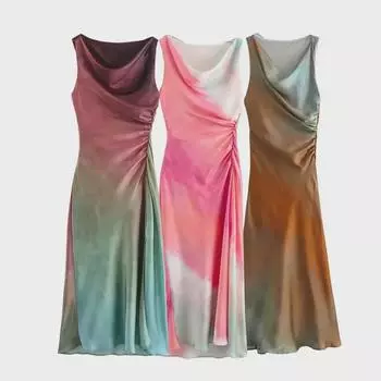 Платье миди из атласа с принтом тай-дай без рукавов: 2024 Slim-Fit в европейском и американском стиле Large