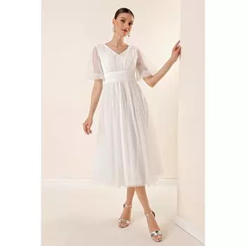 Платье миди из блестящего тюля с короткими рукавами-фонариками на подкладке с V-образным вырезом спереди и сзади