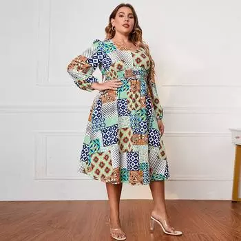 Платье миди с цветочным принтом для женщин, V-образный вырез, длинный рукав-фонарик, платье с высокой талией, рабочее клубное вечернее модное платье, дышащее повседневное легкое платье 1XL