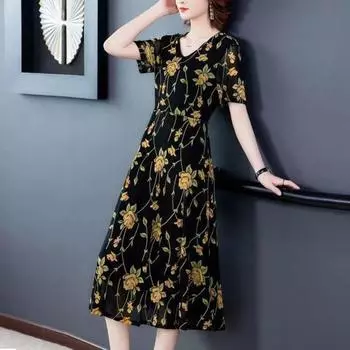 Платье миди с цветочным принтом для женщин, большие размеры, трапециевидный вырез, v-образный вырез, короткий рукав, мягкая ткань, идеальная летняя одежда и повседневная жизнь 2XL чёрный