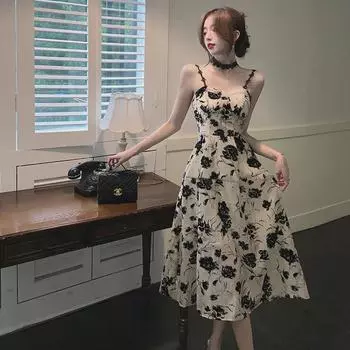 Платье миди с цветочным принтом в стиле ретро во французском стиле Хепберн — летний нишевый дизайн 2024 года с сексуальными подтяжками L