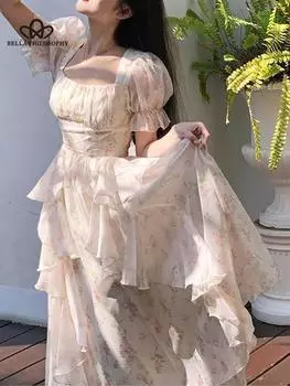 Платье миди с цветочным принтом, женское летнее новое элегантное корейское модное вечернее платье, офисное женское винтажное шикарное платье, женская одежда S