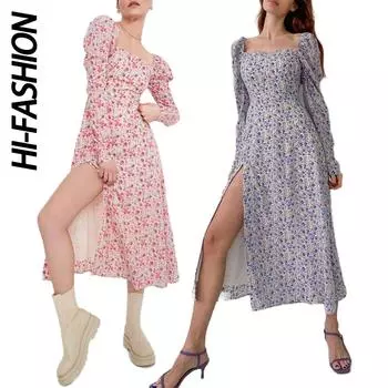 Платье миди с цветочным принтом, женское платье с длинными рукавами и пышными рукавами, женские элегантные повседневные длинные платья с квадратным воротником XL синий