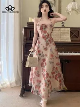 Платье миди с цветочным ремнем, женское элегантное цельное платье, корейское вечернее повседневное платье миди с принтом, летний дизайн, Vestidos S розовый