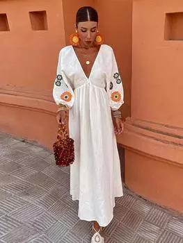 Платье миди с глубоким V-образным вырезом и свободными рукавами-фонариками, летнее праздничное женское платье-халат S бежевый