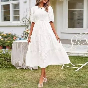 Платье миди с круглым вырезом, универсальное дышащее привлекательное женское повседневное пляжное платье с цветочным принтом, уличная одежда