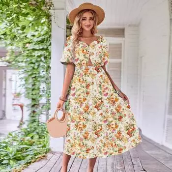 Платье миди с квадратным воротником и пышным коротким рукавом, рюшами, ажурными рюшами и струящимся подолом, женское милое повседневное платье с цветочным принтом