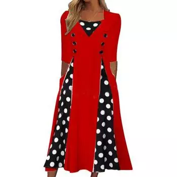 Платье миди с квадратным вырезом и половиной рукавом, высокой талией и принтом в горошек, женское платье с большим подолом, рабочая одежда 2XL красный