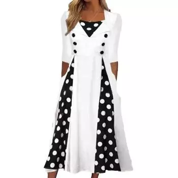 Платье миди с квадратным вырезом и половиной рукавом, высокой талией и принтом в горошек, женское платье с большим подолом, рабочая одежда 2XL белый