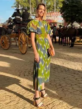 Платье миди с открытой спиной и шнуровкой, женское, шикарное, с вырезом-стойкой, рукавами-фонариками, разрезом, А-силуэтом, женское, праздничное платье S зелёный