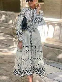 Платье миди с принтом и длинными рукавами-фонариками, женское однобортное уличное платье А-силуэта с высокой талией L белый
