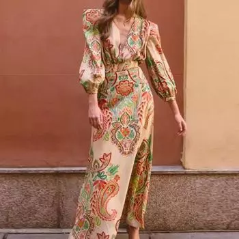 Платье миди с принтом и складками, женское, с глубоким вырезом, рукавами-фонариками, с высокой талией, А-силуэтное платье, летняя мода, пляжное платье S