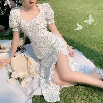 Платье миди с принтом, женское элегантное трапециевидное корейское винтажное платье с коротким рукавом, летние женские платья 2021, вечерние платья с квадратным воротником в стиле бохо, Vestidos S