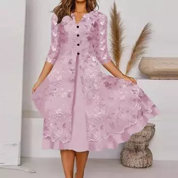 Платье миди с v-образным вырезом и пуговицами, карманы с рукавами 3/4, свободное подол, женское повседневное платье трапециевидной формы с цветочным принтом XL