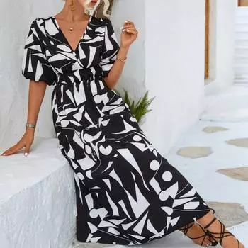 Платье миди с v-образным вырезом и пышными рукавами, с талией и высокой талией, с струящимся подолом, женское повседневное платье с геометрическим принтом M белый