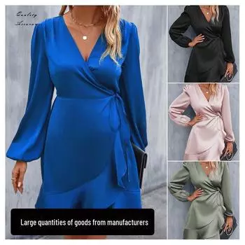 Платье миди с V-образным вырезом и атласной талией, повседневное, с глубоким вырезом - женская одежда в европейском и американском стиле Sweet Style XXL чёрный