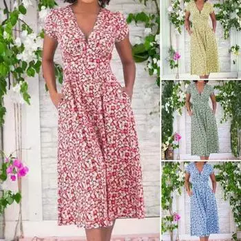 Платье миди в стиле бохо с V-образным вырезом, короткими рукавами, высокой талией, женским платьем с карманами, струящимся подолом, платье А-силуэта M красный