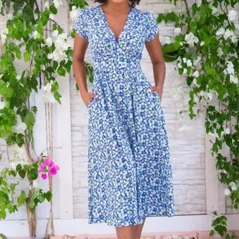 Платье миди в стиле бохо с V-образным вырезом, короткими рукавами, высокой талией, женским платьем с карманами, струящимся подолом, платье А-силуэта M зелёный