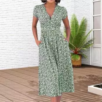 Платье миди в стиле бохо с V-образным вырезом, короткими рукавами, высокой талией, женским платьем с карманами, струящимся подолом, платье А-силуэта M красный