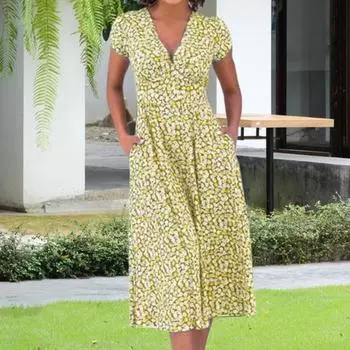 Платье миди в стиле бохо Yousheng с V-образным вырезом, короткими рукавами, высокой талией, женским платьем с карманами, струящимся подолом, платье А-силуэта M жёлтый