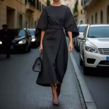 Платье миди Yousheng Lady с рукавами три четверти «летучая мышь», облегающее, с высокой талией, однотонное, с круглым вырезом, длинное, летнее, весеннее, выпускное, вечернее ... XL темно-синий