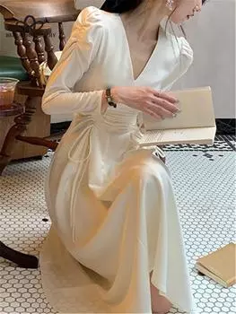 Платье миди, женское элегантное осеннее атласное платье с v-образным вырезом, модное женское платье с высокой талией и складками, винтажное атласное платье, женская одежда S бежевый
