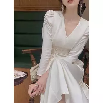 Платье миди женское элегантное осеннее с V-образным вырезом модное женское с высокой талией складками дизайн винтажные атласные платья женская одежда S бежевый