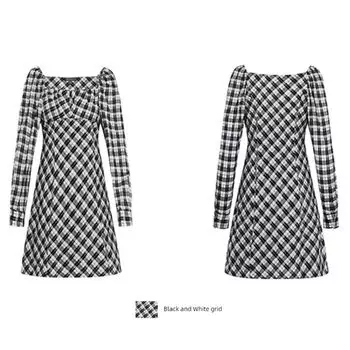 Платье Мода Женская одежда Новое Черно-белая клетка Гингем Открытые плечи Квадратный вырез Рукава-пузыри Длинный рукав Модный стиль Облегающее Миди-юбка Black and white plaid M