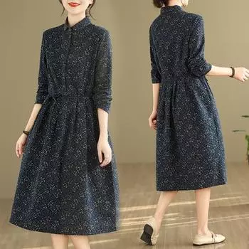 Платье Mori bottom с длинными рукавами и шнуровкой на талии средней и длинной длины, в стиле ретро, весна-осень 2025 года M синий