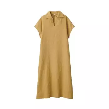 Платье MUJI из льна с отложным воротником и короткими рукавами BC2JAA4S дымчато-желтого цвета XL для женщин для женщин для женщин