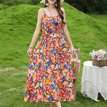 Платье на бретельках, элегантное женское платье больших размеров, свободное винтажное платье с принтом, праздничное сексуальное длинное платье, летняя одежда XL