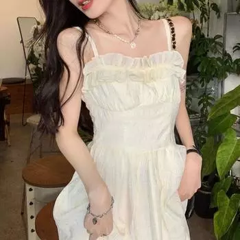 Платье на бретельках French Temperament, женское летнее платье Niche Design Sense, утягивающее талию S бежевый