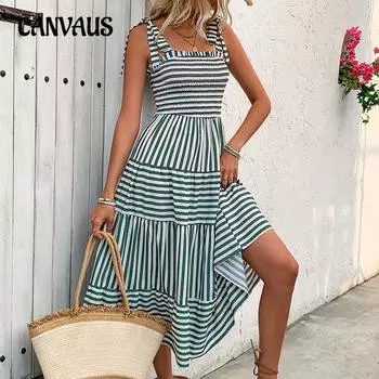 Платье на бретельках, летние женские праздничные полосатые платья с лямкой на шее S зелёный