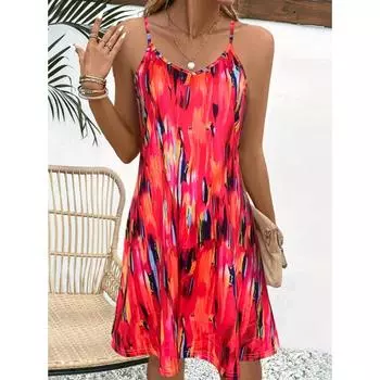 Платье на бретельках со сплошным принтом, платье без рукавов в отпускном стиле на весну и лето, женская одежда S