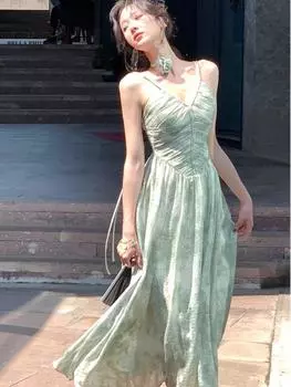 Платье на бретельках в китайском стиле, женское летнее платье со съемным цветком и открытой спиной, на длинных бретелях, винтажное платье для подростков, вечерние S зелёный