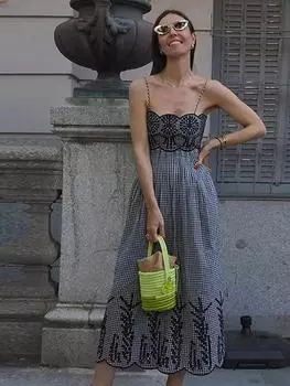 Платье на бретельках в клетку с вышивкой, женское летнее пляжное платье без рукавов с высокой талией, женский халат M