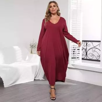 Платье на бретелях с V-образным вырезом, свободное, нестандартное, с длинным рукавом, с двумя карманами, большого размера, женское длинное платье 1XL