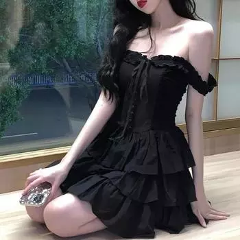 Платье на французских бретелях Женское летнее базовое платье в стиле Haute Couture S чёрный