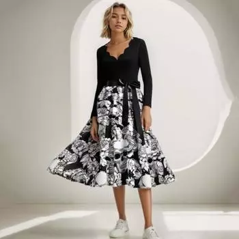 Платье на Хэллоуин А-силуэта с принтом черепа и бантом на шнуровке, с поясом и волнистым V-образным вырезом XXL