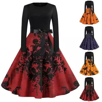 Платье на Хэллоуин для женщин с винтажным принтом и длинным рукавом с круглым вырезом, вечерние платья больших размеров для выпускного вечера XXXXL оранжевый