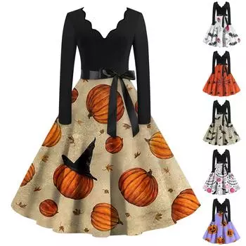 Платье на Хэллоуин для женщин с винтажным принтом и длинным рукавом с v-образным вырезом плюс размер вечерние платья для выпускного вечера XL