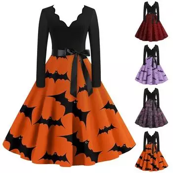 Платье на Хэллоуин для женщин с винтажным принтом и длинным рукавом с v-образным вырезом плюс размер вечерние платья для выпускного вечера M оранжевый