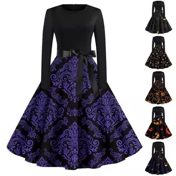 Платье на Хэллоуин для женщин с винтажным принтом и длинным рукавом с круглым вырезом, вечерние платья больших размеров для выпускного вечера L оранжевый