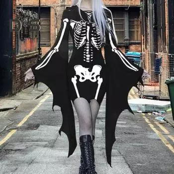 Платье на Хэллоуин с длинным рукавом «летучая мышь», контрастным цветом, принтом скелета, неровными манжетами, на шнуровке, облегающее, длиной выше колена, для вечеринки на Хэллоуин, косплей S чёрный